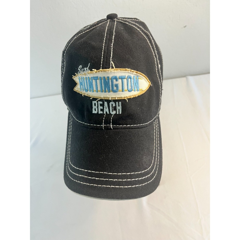 HUNTINGTON BEACH Embroidered Distressed Baseball Cap Vintage Style‎ Black Hat